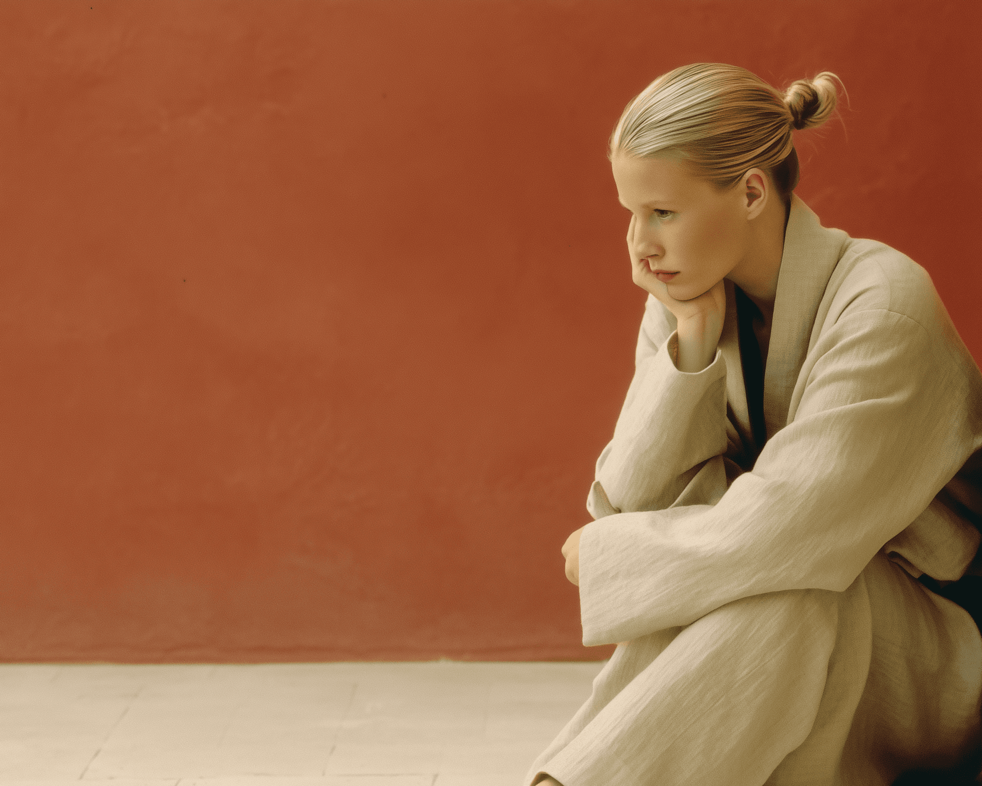 Woman in a light suit sitting thoughtfully against a terracotta wall