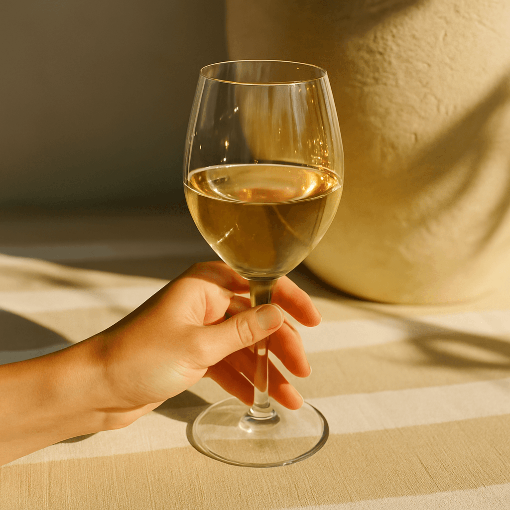 Glass of white wine held on a table