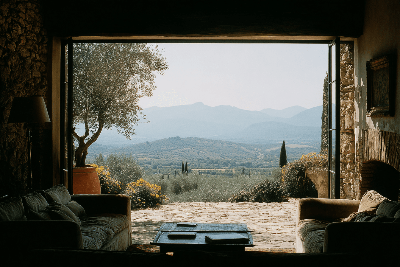 View of the French countryside through a stone villa’s open living room, with sofas and trees framing the scene